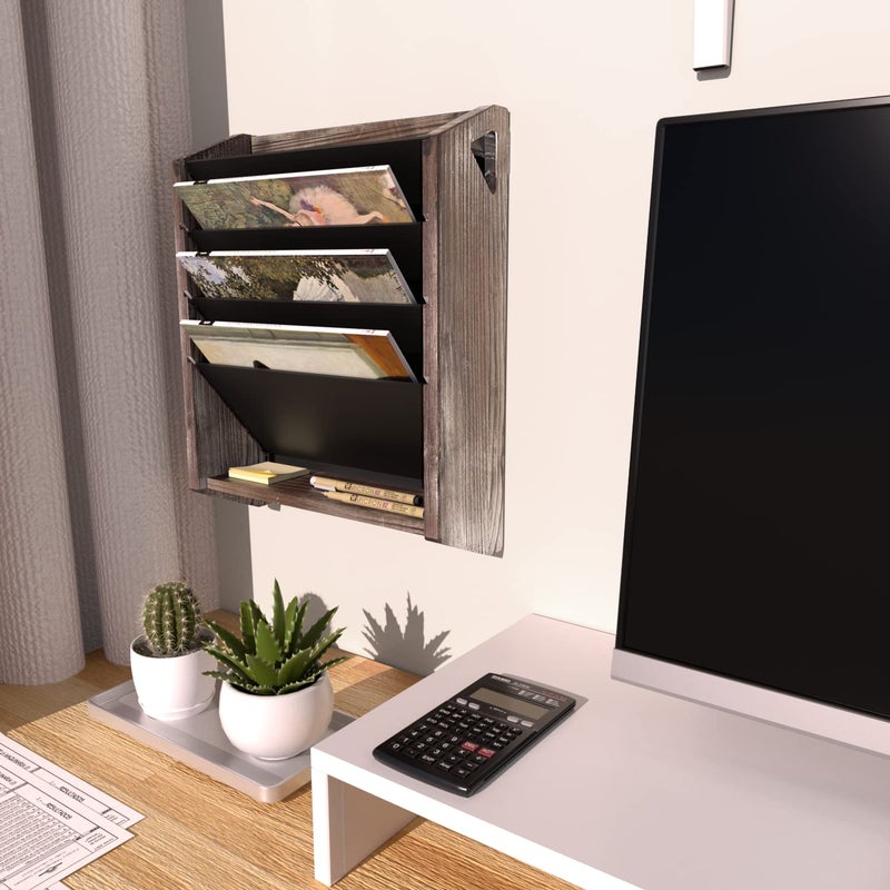 J JACKCUBE DESIGN Wall Document File Organizer Rustic Wood Magazine Rack with 5 Compartments Hanging Mail Holder for Home, Office - MK624A - Image 2